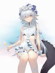 Rule 34 | 1girl, ahoge, arknights, arm support, armband, blue flower, blush, champagne flute, commentary, crocodilian tail, cup, drinking glass, feet out of frame, flower, hair between eyes, head wreath, highres, holding, holding cup, looking at viewer, official alternate costume, one-piece swimsuit, orca (dragooon-yike), pointy ears, short hair, sitting, straight-on, swimsuit, tail, tomimi (arknights), tomimi (silent night) (arknights), waist cutout, white background, white flower, white one-piece swimsuit, yellow eyes