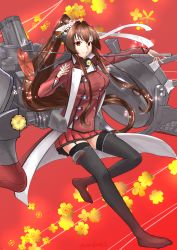 Rule 34 | 1girl, adapted costume, black thighhighs, brown hair, buttons, cherry blossoms, crest, double-breasted, floral background, flower, full body, hair flower, hair ornament, headgear, highres, kantai collection, long hair, looking at viewer, machinery, mrdotd, oil-paper umbrella, pleated skirt, ponytail, red background, red eyes, red skirt, red umbrella, skirt, smokestack, solo, thighhighs, umbrella, yamato (kancolle)