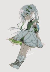 Rule 34 | 1girl, absurdres, child, cross-shaped pupils, detached sleeves, dress, full body, genshin impact, gradient hair, green eyes, green hair, hair ornament, highres, leaf hair ornament, long hair, looking at viewer, multicolored hair, nahida (genshin impact), nenemm, pointy ears, side ponytail, smile, solo, symbol-shaped pupils, toeless footwear, white dress, white footwear, white hair