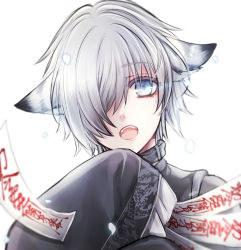 Rule 34 | 1boy, animal ears, blue eyes, blurry, collar, depth of field, fangs, glowing, glowing petals, grey hair, hat over one eye, holding, kashin reina, long hair, looking at viewer, male focus, ofuda, one eye covered, open mouth, original, petals, portrait, short hair, simple background, sleeves past fingers, sleeves past wrists, solo, talisman, tiger ears, white background