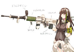 Rule 34 | 1girl, absurdres, assault rifle, bullpup, commentary request, cursed m4a1 (meme), drum magazine, girls&#039; frontline, gloves, gun, highres, holding, holding gun, holding weapon, m4 carbine, m4a1 (girls&#039; frontline), magazine (weapon), mutugorou u, rifle, simple background, solo, translation request, trigger discipline, vertical forward grip, weapon, white background