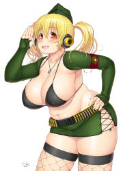 Rule 34 | 1girl, ammunition, ammunition belt, bikini, bikini top only, blonde hair, blush, breasts, bullet, cleavage, collarbone, covered erect nipples, dog tags, fishnet thighhighs, fishnets, gloves, headphones, huge breasts, looking at viewer, navel, nitroplus, open mouth, plump, short hair, simple background, smile, solo, super pochaco, sweat, swimsuit, thighhighs, tsuji santa, twintails, white background