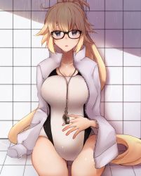 Rule 34 | 1girl, aka ive, bespectacled, black-framed eyewear, black one-piece swimsuit, blonde hair, blue eyes, collarbone, commentary request, competition swimsuit, fate/grand order, fate (series), glasses, hand on own stomach, highres, jacket, jacket on shoulders, jeanne d&#039;arc (fate), jeanne d&#039;arc (ruler) (fate), jeanne d&#039;arc (swimsuit archer) (fate), jeanne d&#039;arc (swimsuit archer) (second ascension) (fate), long hair, looking at viewer, one-piece swimsuit, sitting, solo, swimsuit, two-tone swimsuit, very long hair, wet, whistle, whistle around neck, white jacket, white one-piece swimsuit