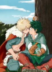 Rule 34 | 2boys, abs, absurdres, bakugou katsuki, belt, blonde hair, boku no hero academia, brown belt, brown gloves, cape, day, earrings, closed eyes, fingerless gloves, freckles, fur trim, gloves, green cape, green hair, highres, holding, holding jar, imminent kiss, jar, jewelry, looking at another, male focus, midoriya izuku, multiple boys, navel, no control, red cape, red footwear, sitting, sky, spiked hair, tree, yaoi