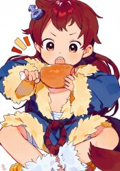 Rule 34 | 1boy, brown eyes, child, commentary, crossed legs, english commentary, food, fur trim, highres, holding, holding food, imminent bite, long hair, looking at food, male focus, mars symbol, meat, nemui (nemuriyagi), open clothes, open mouth, open shirt, original, red hair, sharp teeth, solo, teeth, upper teeth only