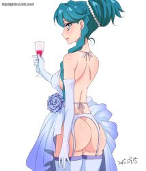 Rule 34 | 1girl, 2015, aqua hair, ass, backless outfit, bad id, bad pixiv id, blue eyes, breasts, cure mermaid, dated, elbow gloves, ginko (silver fox), gloves, go! princess precure, kaidou minami, long hair, no panties, precure, revealing clothes, sideboob, simple background, solo, watermark, web address, white background