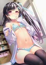 Rule 34 | 1girl, absurdres, bare shoulders, black hair, black thighhighs, blue bow, blue bra, blue panties, blush, bookshelf, bow, bow bra, bow panties, bra, breasts, chromatic aberration, collarbone, day, dress shirt, dutch angle, frilled bra, frills, hair bow, hair intakes, hands up, highres, indoors, legs together, long hair, looking at viewer, navel, no pants, off shoulder, open clothes, open shirt, original, panties, parted lips, purple eyes, seiza, shiny clothes, shiny legwear, shiny skin, shirt, side ponytail, sitting, sleeves past wrists, small breasts, solo, sunlight, thighhighs, underwear, white shirt, window, yoko-ya manjirou