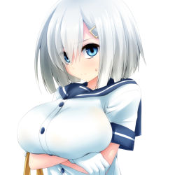 Rule 34 | 10s, 1girl, 3:, 3:&lt;, blue eyes, breast hold, breasts, closed mouth, crossed arms, eyebrows, eyes visible through hair, female focus, gloves, hair ornament, hair over one eye, hairclip, hamakaze (kancolle), highres, kantai collection, large breasts, looking at viewer, ribbon, school uniform, serafuku, short hair, short sleeves, simple background, solo, sweat, upper body, v-shaped eyebrows, watarui, wavy mouth, white background, white gloves, white hair, yellow ribbon