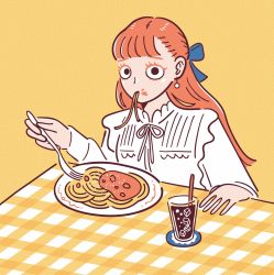 Rule 34 | 1girl, black eyes, blouse, cup, earrings, eating, food, food in mouth, food on face, fork, highres, holding, holding fork, hoppe illust, jewelry, long hair, long sleeves, looking at viewer, orange hair, original, pasta, plate, shirt, simple background, solo, spaghetti, upper body, white shirt, yellow background