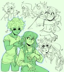 Rule 34 | 2girls, ashido mina, asui tsuyu, blowing kiss, blush, boku no hero academia, braiding hair, closed eyes, closed mouth, colored sclera, commentary, english commentary, green background, green theme, habkart, hair between eyes, hair rings, hairdressing, hand on another&#039;s face, heart, highres, holding another&#039;s hair, horns, hug, kiss, kissing cheek, long hair, long sleeves, looking at another, monochrome, multiple girls, multiple views, one eye closed, open mouth, overalls, shirt, short hair, short sleeves, shorts, simple background, sitting, smile, standing, yuri