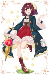 Rule 34 | 1girl, :d, absurdres, atelier (series), atelier sophie, boots, brown eyes, brown footwear, brown hair, coat, collared coat, commentary request, corset, full body, head scarf, highres, jewelry, long sleeves, looking at viewer, necklace, open mouth, red skirt, short hair, skirt, smile, solo, sophie neuenmuller, staff, uhouhogorigori, white background, wide sleeves