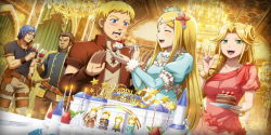 Rule 34 | 2girls, 3boys, alcohol, blonde hair, blue eyes, blue hair, brain unglaus, brown hair, cake, climb (overlord), cup, dress, drinking glass, food, gazef stronoff, green eyes, hair ornament, highres, indoors, lakyus alvein dale aindra, multiple boys, multiple girls, official art, overlord (maruyama), red dress, renner theiere chardelon ryle vaiself, sword, weapon, wine, wine glass