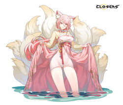 Rule 34 | 1girl, alternate hair color, animal ear fluff, animal ears, blue eyes, breasts, cleavage, cleavage cutout, closed mouth, closers, clothing cutout, copyright name, cowboy shot, dress, fox ears, fox girl, fox tail, frown, harpy (closers), highres, kitsune, kyuubi, large breasts, layered dress, logo, long hair, long sleeves, looking at viewer, low ponytail, mole, mole under eye, multiple tails, official art, overskirt, pink dress, pink hair, see-through, see-through sleeves, skirt hold, smile, solo, standing, tail, two-tone dress, very long hair, wading, water, wet, white background, yellow dress, yellow sleeves, yellow tail