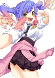 Rule 34 | 1girl, :d, blue hair, blue nails, blush, breasts, brown skirt, clothes around waist, commentary, cowboy shot, eyelashes, eyes visible through hair, floating hair, from side, gradient hair, gyaru, hair between eyes, hand up, happy, highres, kogal, kohibari kurumi, large breasts, long hair, long sleeves, looking at viewer, multicolored hair, nail polish, nzuwaiganin, open mouth, orange hair, pink hair, pink sweater, pleated skirt, school uniform, selfie, shirt, sidelocks, simple background, skirt, sleeves rolled up, smile, solo, suspender skirt, suspenders, sweater, teeth, tenshi souzou re-boot!, twintails, upper teeth only, v, v over eye, wavy hair, white background, white shirt, yellow eyes