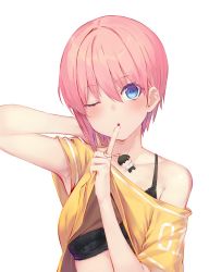 Rule 34 | 1girl, ;o, arm behind head, armpits, bad id, bad twitter id, black bra, blue eyes, blush, bra, clothes lift, collar, collarbone, finger to mouth, floral print, go-toubun no hanayome, hair between eyes, head tilt, highres, index finger raised, lifting own clothes, looking at viewer, nakano ichika, off-shoulder shirt, off shoulder, one eye closed, pink hair, print bra, shirt, shirt lift, short hair, short sleeves, simple background, solo, soya (torga), underwear, upper body, white background, yellow shirt