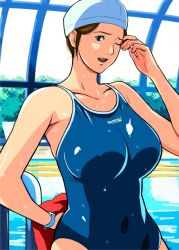 Rule 34 | 00s, 1girl, breasts, brown eyes, brown hair, hikaru no go, indoors, large breasts, looking at viewer, mature female, one-piece swimsuit, one eye closed, pool, shindou mitsuko, solo, speedo (company), swim cap, swimsuit, volvox, wet, wink