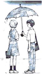 Rule 34 | 1boy, 1girl, ayanami rei, bag, full body, holding, holding umbrella, ikari shinji, neon genesis evangelion, school uniform, shared umbrella, sketch, skirt, smile, standing, umbrella, wpomh