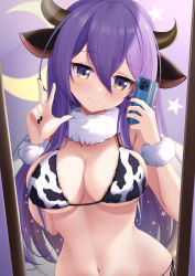 Rule 34 | 1girl, absurdres, animal ears, animal print, bikini, black nails, breasts, cellphone, closed mouth, cow ears, cow horns, cow print, fur bikini, fur collar, gradient eyes, half moon, hands up, highres, holding, holding phone, hololive, hololive indonesia, horns, kaigan, large breasts, long hair, moon, moona hoshinova, multicolored eyes, nail polish, navel, phone, purple eyes, purple hair, selfie, smartphone, smile, solo, star (symbol), starry hair, stomach, swimsuit, taking picture, upper body, very long hair, virtual youtuber, w, wrist cuffs, yellow eyes