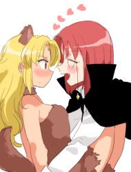 Rule 34 | 2girls, bare arms, bare shoulders, black cape, blonde hair, blush, brown eyes, cape, closed eyes, facial mark, forehead mark, forte stollen, galaxy angel, hakinikui kutsu no mise, heart, long hair, monocle, multiple girls, open mouth, profile, ranpha franboise, red hair, sidelocks, simple background, tail, vampire costume, werewolf, white background, wolf girl, yuri