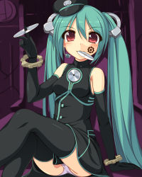 Rule 34 | 1girl, elbow gloves, gears, gloves, green hair, hat, hatsune miku, headset, highres, kageira, long hair, mouth hold, panties, pantyshot, peaked cap, project diva, project diva (series), project diva f, red eyes, sadistic music factory (vocaloid), sitting, solo, thighhighs, twintails, underwear, very long hair, vocaloid