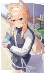 Rule 34 | 1girl, absurdres, animal ear fluff, animal ears, bag, blue archive, blue eyes, bottle, cat ears, commentary, cowboy shot, day, flower, grass, gym uniform, hair between eyes, hair flower, hair ornament, hairband, halo, highres, holding, holding bottle, jacket, light blush, long hair, long sleeves, looking at viewer, mari (blue archive), mari (track) (blue archive), namiyamako, official alternate costume, open mouth, orange hair, outdoors, shorts, shoulder bag, solo, standing, track jacket, water bottle, white background, white hairband
