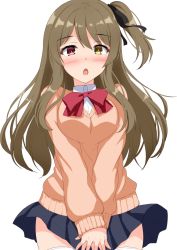 Rule 34 | 1girl, assault lily, black ribbon, black skirt, blush, bow, bowtie, breasts, breasts squeezed together, brown hair, brown sweater, buttons, chestnut mouth, clothes lift, collared shirt, commentary request, cowboy shot, gungun (hakutou7887), hair between eyes, hair ribbon, heterochromia, highres, kuo shenlin, long hair, long sleeves, looking at viewer, medium breasts, miniskirt, one side up, open mouth, own hands together, pink eyes, pleated skirt, red bow, red bowtie, ribbon, school uniform, shirt, sidelocks, simple background, skirt, skirt lift, skirt tug, sleeves past wrists, solo, standing, sweater, thighhighs, v arms, wavy hair, white background, white shirt, white thighhighs, yellow eyes