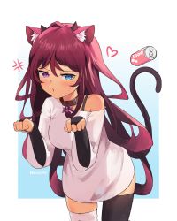 Rule 34 | 1girl, anger vein, animal ears, asymmetrical legwear, blouse, bridal gauntlets, can, cat ears, cat tail, closed mouth, collar, drink can, heterochromia, highres, hololive, hololive english, irys (hololive), kemonomimi mode, looking at viewer, mismatched legwear, namiorii, paw pose, shirt, soda can, solo, t-shirt, tail, thighhighs, virtual youtuber, white shirt