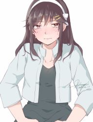 Rule 34 | 1girl, alternate costume, black dress, black hair, blazer, blush, brown eyes, collarbone, commentary request, dated, dress, hair ornament, hairband, hairclip, haruna (kancolle), hiroi09, jacket, kantai collection, long hair, looking at viewer, seiza, signature, simple background, sitting, solo, tears, white background, white hairband, white jacket