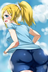Rule 34 | 10s, 1girl, ass, ayase eli, bike shorts, blonde hair, blue eyes, blush, breasts, from behind, hair ornament, hairclip, heavy breathing, long hair, looking back, love live!, love live! school idol festival, love live! school idol project, open mouth, ponytail, raiden (artist), raiden (raiden labo), scrunchie, shiny clothes, sideboob, solo, sweat, tongue