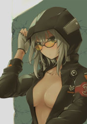 Rule 34 | 1girl, against wall, black-framed eyewear, black eyes, blush, breasts, cleavage, closed mouth, coat, collarbone, commentary request, fingerless gloves, girls&#039; frontline, gloves, grey gloves, highres, hood, hood up, hooded jacket, jacket, ksg (girls&#039; frontline), long sleeves, looking at viewer, looking over eyewear, looking over glasses, medium breasts, mishima hiroji, naked coat, no bra, open clothes, open jacket, orange-tinted eyewear, orange-tinted glasses, serious, short hair, silver hair, solo, sunglasses, tinted eyewear, upper body, yellow-tinted eyewear