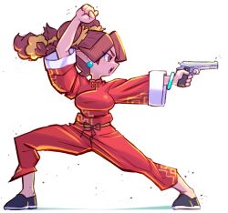 Rule 34 | 1girl, arm up, black footwear, braid, breasts, brown eyes, brown hair, chinese clothes, commentary request, doomsdaily333, double bun, finger on trigger, full body, gun, hair bun, handgun, highres, holding, holding gun, holding weapon, jacket, long hair, long sleeves, medium breasts, open mouth, original, pants, pointy ears, profile, red jacket, red pants, shoes, simple background, solo, standing, teeth, twin braids, twintails, upper teeth only, weapon, weapon request, white background, wide sleeves