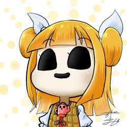 Rule 34 | 1girl, armor, profile picture, blonde hair, blunt bangs, chamaji, commentary, double bun, empty eyes, hair bun, hair ribbon, haniwa (statue), hollow eyes, joutouguu mayumi, looking at viewer, lowres, puffy short sleeves, puffy sleeves, ribbon, short hair, short sleeves, signature, smile, solo, touhou, two-tone background, white ribbon