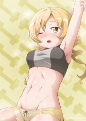 Rule 34 | 1girl, abutomato, armpits, arms up, blonde hair, blush, breasts, breath, drill hair, groin, highres, looking at viewer, mahou shoujo madoka magica, mahou shoujo madoka magica (anime), medium breasts, medium hair, midriff, navel, one eye closed, open mouth, shiny skin, shorts, simple background, solo, sports bra, sweat, tomoe mami, twin drills, weights, yellow background, yellow eyes