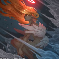 Rule 34 | 1girl, barefoot, chinese text, closed mouth, commentary request, dark skin, dark-skinned female, facebook username, floating hair, from side, glowing, halo, legs together, long hair, no pupils, nude, orange hair, original, pointy ears, smoke, solo, squatting, tears, wings, yellow eyes, zhaoyebai