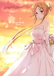 Rule 34 | arms behind back, asuna (sao), bare shoulders, blush, braid, breasts, cleavage, collarbone, colored skin, dress, flower, gloves, highres, large breasts, long dress, long hair, looking at viewer, orange eyes, orange hair, parted bangs, parted lips, shi-2, sword art online, wedding dress, white dress, white skin