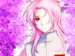 Rule 34 | 1boy, bright pupils, chinese commentary, chromatic aberration, closed mouth, commentary request, hatsutori hajime, long hair, male focus, parted bangs, pink hair, portrait, purple background, saibou shinkyoku, shirt, smile, solo, white pupils, white shirt, xu bei