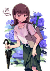 Rule 34 | 1girl, blush, brown eyes, brown hair, collarbone, dated, feet out of frame, flower, food, green skirt, holding, holding umbrella, hydrangea, kantai collection, long hair, odawara hakone, one-hour drawing challenge, ooi (kancolle), open mouth, purple flower, shirt, short sleeves, simple background, skirt, solo, spring onion, twitter username, umbrella, vegetable, wet, wet clothes, white background, white shirt