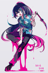 Rule 34 | 1boy, arm tattoo, black eyes, black footwear, black hair, black pants, blood, blue shirt, bracelet, collared shirt, commentary, dagger, full body, grey background, high ponytail, highres, holding, holding dagger, holding knife, holding weapon, hong lu (project moon), invisible chair, jewelry, knife, limbus company, long hair, looking at viewer, male focus, necklace, one eye closed, pants, pink blood, project moon, shiki (shikki46), shirt, shoes, short sleeves, sidelocks, simple background, sitting, solo, tattoo, very long hair, weapon