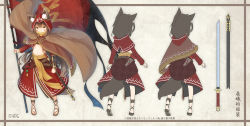Rule 34 | 1girl, absurdres, animal ear fluff, animal ears, blush, brown cape, brown footwear, brown hair, cape, capelet, character sheet, closed mouth, coreytaiyo, dated, ears through headwear, facial mark, flag, fringe trim, hair between eyes, highres, holding, holding flag, hood, hood down, hood up, hooded capelet, long hair, long sleeves, looking at viewer, midriff, multiple views, navel, original, red capelet, red skirt, sandals, sheath, sheathed, signature, single vambrace, skirt, sword, tail, translation request, vambraces, very long hair, weapon, whisker markings, yellow eyes