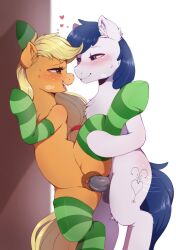 Rule 34 | absurdres, against wall, animal penis, applejack, cutie mark, evomanaphy, furry, furry female, highres, hooves, horse, horse penis, horse pussy, my little pony, my little pony: friendship is magic, non-web source, original, penis, pony (animal), socks, striped clothes, striped socks