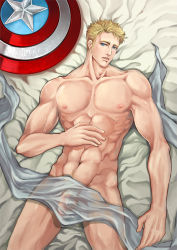 Rule 34 | 1boy, abs, bara, blanket, blonde hair, captain america, looking at viewer, lying, male focus, muscular, pectorals, shield, solo
