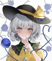 Rule 34 | 1girl, black hat, blue flower, blue rose, buttons, closed mouth, commentary request, diamond button, flower, frilled shirt collar, frills, grey eyes, grey hair, hanaya (fleur), hand up, hat, hat ribbon, heart, heart of string, highres, index finger raised, komeiji koishi, looking at viewer, ribbon, rose, shirt, short hair, smile, solo, third eye, touhou, upper body, white background, yellow ribbon, yellow shirt