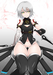 Rule 34 | 1girl, bandaged arm, bandages, bare shoulders, black gloves, black panties, closed mouth, commentary request, facial scar, fate/apocrypha, fate/grand order, fate (series), fingerless gloves, gloves, green eyes, grey hair, hair between eyes, highres, holding, holding knife, idoke kaeru, jack the ripper (fate/apocrypha), knife, looking at viewer, navel, panties, scar, scar across eye, scar on cheek, scar on face, short hair, single glove, sitting, skindentation, smile, solo, string panties, tattoo, thick thighs, thighhighs, thighs, underwear