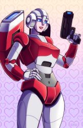 1girl absurdres arcee autobot blue_eyes gun hand_on_own_hip handgun helmet highres humanoid_robot insignia metal_skin red_lips robot robot_girl science_fiction shenani solo thighs transformers transformers:_generation_1 weapon