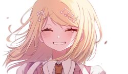 Rule 34 | 1girl, akamatsu kaede, blurry, blurry background, blush, check commentary, collared shirt, commentary request, danganronpa (series), danganronpa v3: killing harmony, fortissimo, grin, hair ornament, highres, long hair, musical note, musical note hair ornament, necktie, orange necktie, ringo ame no ria, shirt, simple background, smile, solo, tearing up, teeth, white shirt