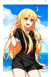 Rule 34 | 1girl, ahoge, alternate costume, black shirt, black shorts, blonde hair, blue sky, border, bow, bracelet, breasts, cloud, cloudy sky, commentary request, fang, hair between eyes, hair bow, hand up, highres, jewelry, kirisame marisa, long hair, looking at viewer, no headwear, ocean, open mouth, outdoors, outside border, sazanami mio, shirt, short shorts, short sleeves, shorts, sky, small breasts, smile, solo, standing, star (symbol), t-shirt, tongue, touhou, v, water, water drop, white border, white bow, yellow eyes