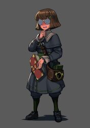 Rule 34 | 1girl, absurdres, bag, blush, book, coke-bottle glasses, commentary, commission, commissioner upload, darkest dungeon, english commentary, erica (naze1940), full body, glasses, grey background, hair ornament, hairclip, highres, holding, holding book, medium hair, nose blush, open mouth, plague doctor (darkest dungeon), shoulder bag, solo
