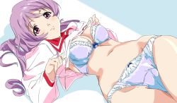 Rule 34 | 1girl, bra, breasts, closed mouth, himekawa kotone, lifting own clothes, long hair, looking at viewer, lying, medium breasts, navel, on back, panties, pink eyes, purple bra, purple hair, purple panties, school uniform, smile, solo, to heart, to heart (series), umanosuke, underwear