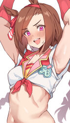Rule 34 | 1girl, absurdres, animal ears, armpits, arms up, blush, braid, breasts, brown hair, commentary, hairband, highres, horse ears, horse girl, looking at viewer, official alternate costume, official alternate hairstyle, open mouth, pink eyes, pirukusu, red hairband, sakura bakushin o (red-hot leader) (umamusume), sakura bakushin o (umamusume), simple background, small breasts, solo, teeth, twin braids, umamusume, upper body, upper teeth only, white background