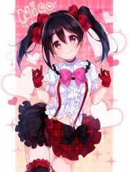 Rule 34 | 1girl, bad id, bad pixiv id, black bow, black hair, black thighhighs, blush, bow, center frills, character name, closed mouth, commentary request, double m/, earrings, fingerless gloves, frilled shirt, frilled thighhighs, frills, gloves, goroo (eneosu), hair between eyes, hair bow, hands up, head tilt, heart, highres, jewelry, love live!, love live! school idol festival, love live! school idol project, m/, navel, nico nico nii, pink bow, plaid, plaid background, plaid skirt, puffy short sleeves, puffy sleeves, red bow, red eyes, red gloves, red skirt, shirt, short sleeves, sidelocks, skirt, smile, solo, sparkle, suspender skirt, suspenders, thighhighs, twintails, white shirt, yazawa nico